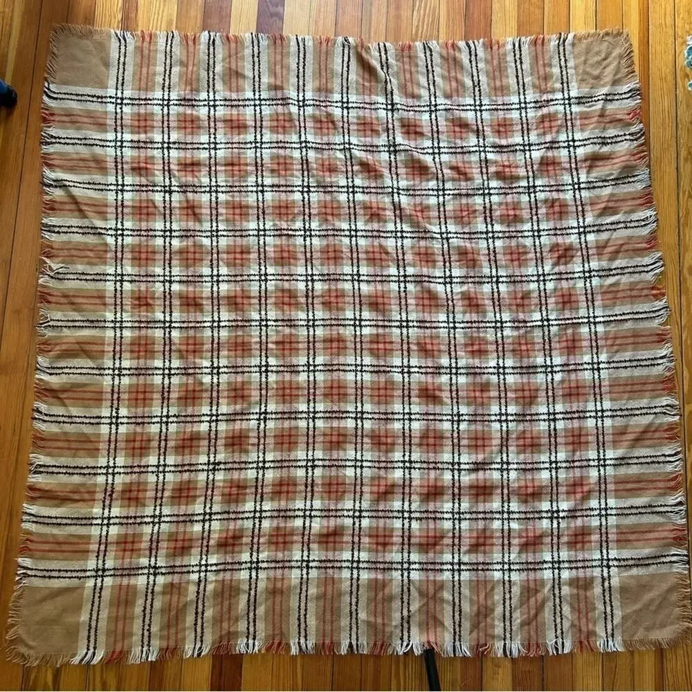 OSCAR DE LA RENTA Vintage Knit Scarf Wrap Tartan Plaid Large Fringe Japan Autumn
